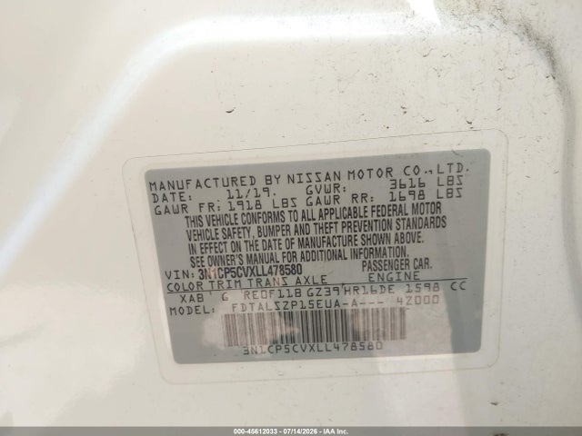 45612033 :رقم المزاد ، 3N1CP5CVXLL478580 vin ، 2020 Nissan Kicks Sv Xtronic Cvt مزاد بيع