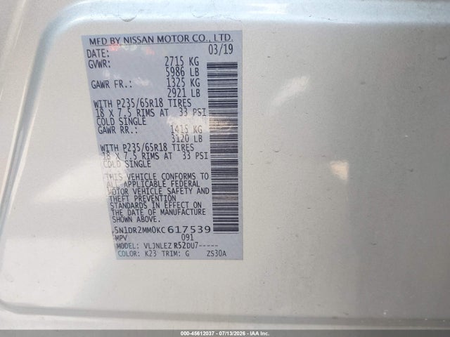 Aukcja sprzedaży 2019 Nissan Pathfinder Sv, vin: 5N1DR2MM0KC617539, numer aukcji: 45612037