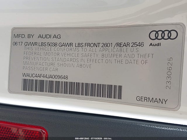 Продажа на аукционе авто 2018 Audi S4 3.0t Premium Plus, vin: WAUC4AF44JA009648, номер лота: 45612042