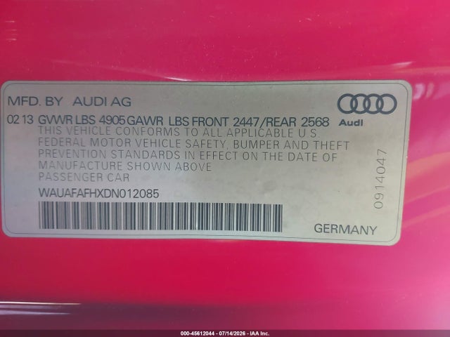 45612044 :رقم المزاد ، WAUAFAFHXDN012085 vin ، 2013 Audi A5 2.0t Premium مزاد بيع