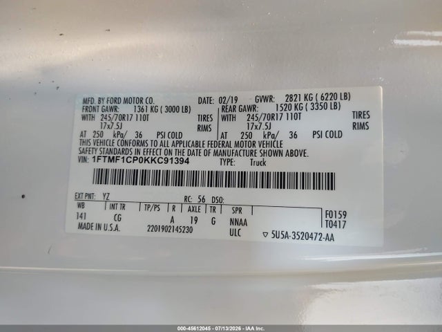 Ford F-150 Xl 2019 1FTMF1CP0KKC91394 Image 9