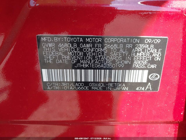 Продажа на аукционе авто 2010 Lexus Es 350, vin: JTHBK1EG6A2350199, номер лота: 45612047