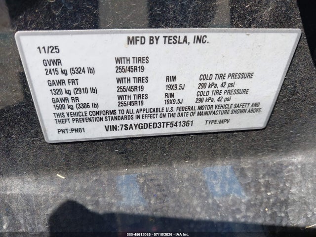45612065 :رقم المزاد ، 7SAYGDED3TF541361 vin ، 2026 Tesla Model Y Premium Rear-wheel Drive/rear-wheel Drive مزاد بيع