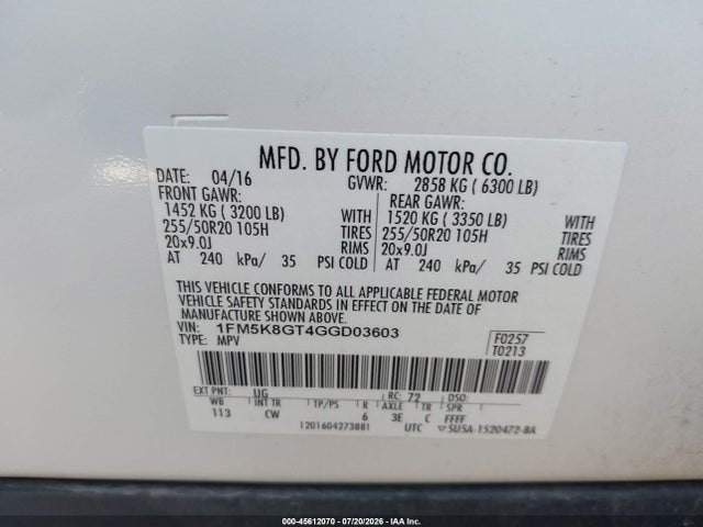 Aukcja sprzedaży 2016 Ford Explorer Sport, vin: 1FM5K8GT4GGD03603, numer aukcji: 45612070