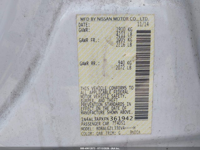 45612073 :رقم المزاد ، 1N4AL3APXFN361942 vin ، 2015 Nissan Altima 2.5 S مزاد بيع