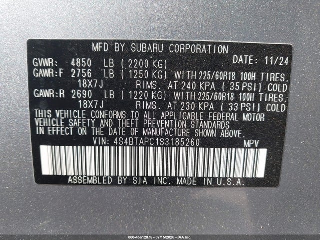 45612075 :رقم المزاد ، 4S4BTAPC1S3185260 vin ، 2025 Subaru Outback Touring مزاد بيع