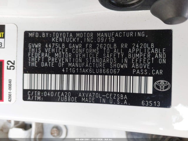 Toyota CAMRY SE 2020 4T1G11AK6LU866067 Image 9