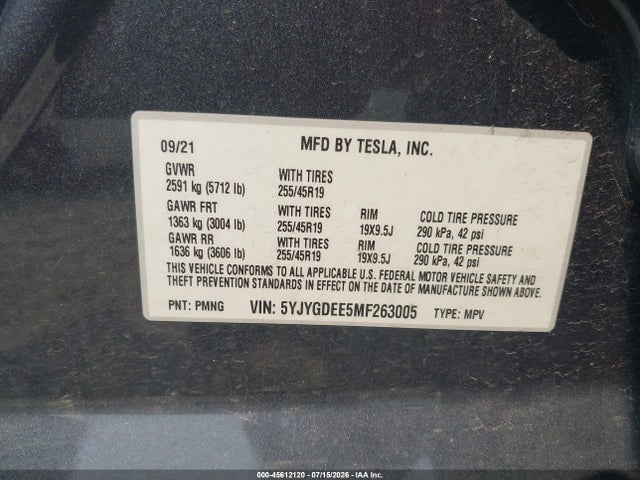 Продажа на аукционе авто 2021 Tesla Model Y Long Range Dual Motor All-wheel Drive, vin: 5YJYGDEE5MF263005, номер лота: 45612120