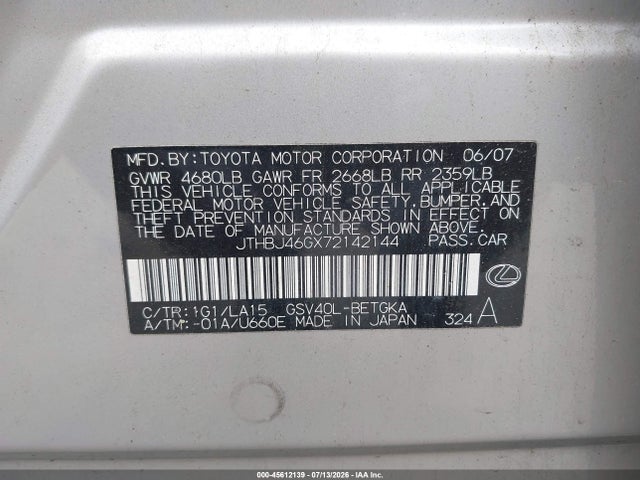 45612139 :رقم المزاد ، JTHBJ46GX72142144 vin ، 2007 Lexus Es 350 مزاد بيع