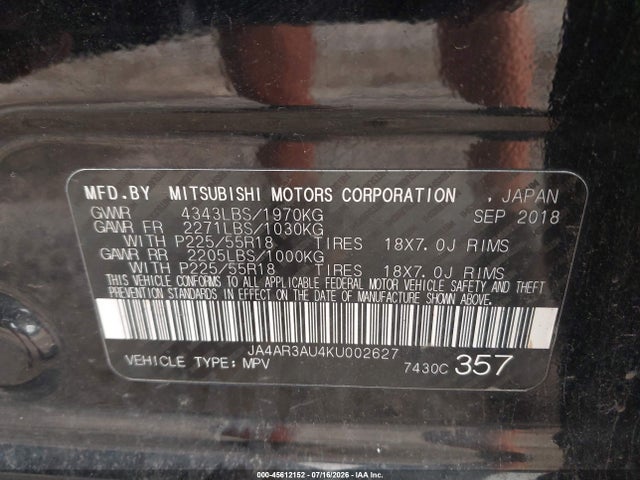 45612152 :رقم المزاد ، JA4AR3AU4KU002627 vin ، 2019 Mitsubishi Outlander Sport 2.0 Es مزاد بيع