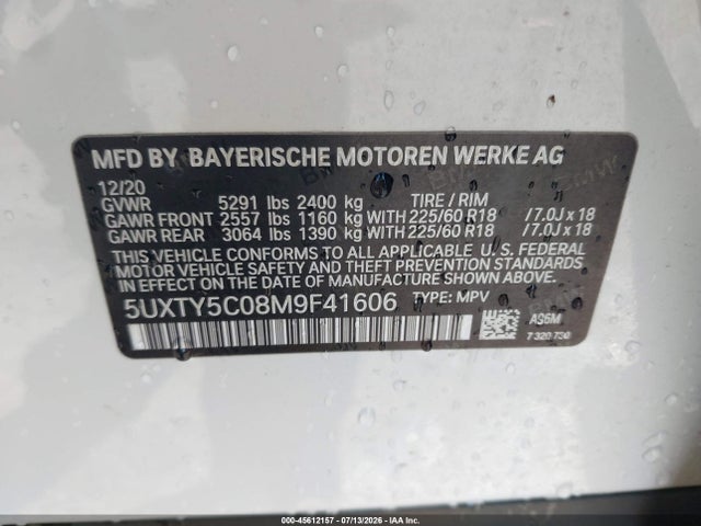 2021 Bmw X3 Xdrive30i მანქანა იყიდება აუქციონზე, vin: 5UXTY5C08M9F41606, აუქციონის ნომერი: 45612157