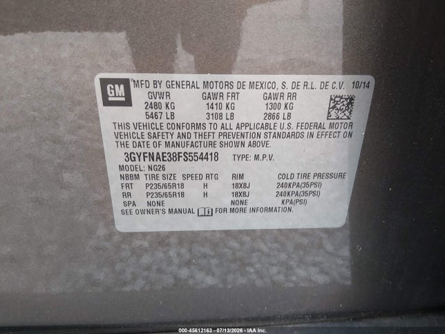 2015 Cadillac Srx Standard მანქანა იყიდება აუქციონზე, vin: 3GYFNAE38FS554418, აუქციონის ნომერი: 45612163