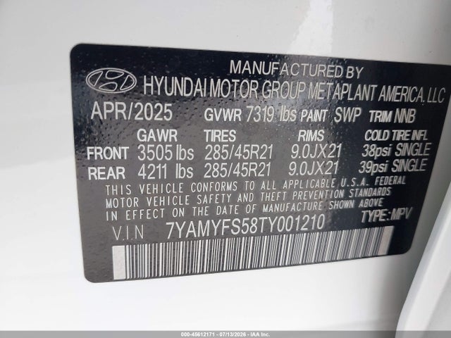Продажа на аукционе авто 2026 Hyundai Ioniq 9 Performance Calligraphy, vin: 7YAMYFS58TY001210, номер лота: 45612171