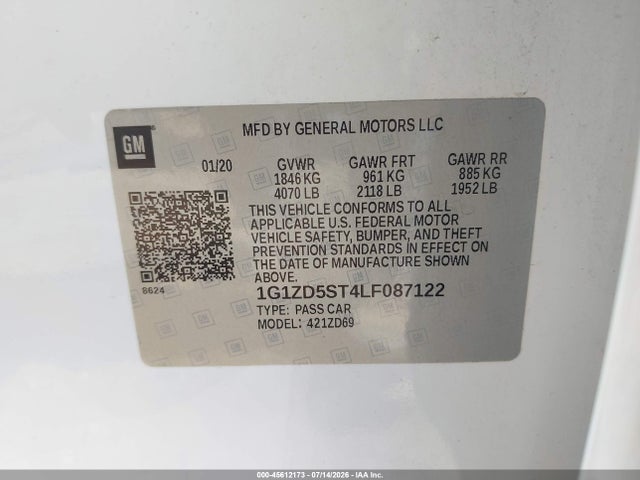2020 Chevrolet Malibu Fwd Lt მანქანა იყიდება აუქციონზე, vin: 1G1ZD5ST4LF087122, აუქციონის ნომერი: 45612173