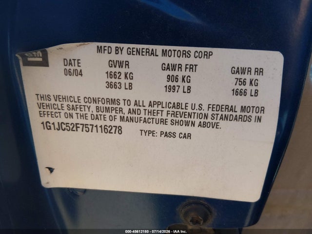 45612180 :رقم المزاد ، 1G1JC52F757116278 vin ، 2005 Chevrolet Cavalier مزاد بيع