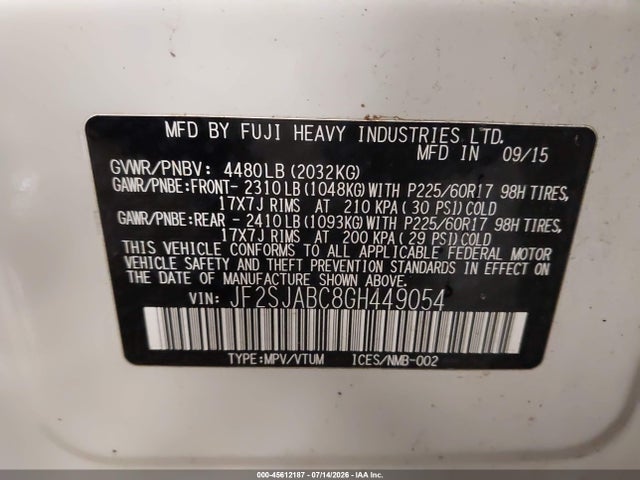 2016 Subaru Forester 2.5i მანქანა იყიდება აუქციონზე, vin: JF2SJABC8GH449054, აუქციონის ნომერი: 45612187
