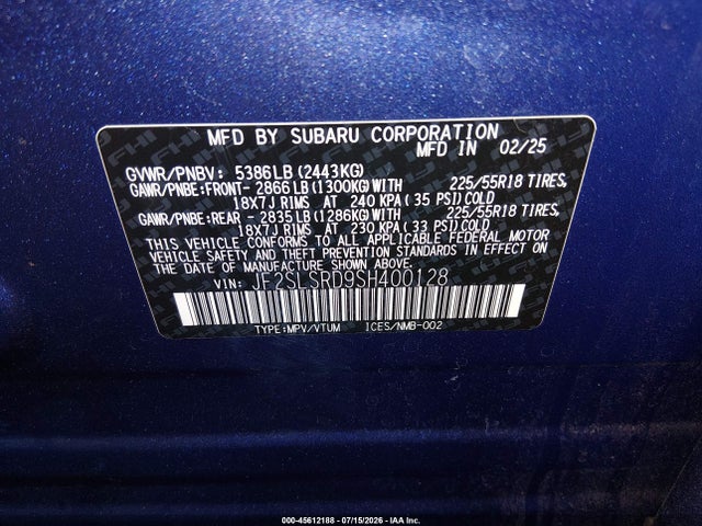 Auction sale of the 2025 Subaru Forester Limited Hybrid, vin: JF2SLSRD9SH400128, lot number: 45612188