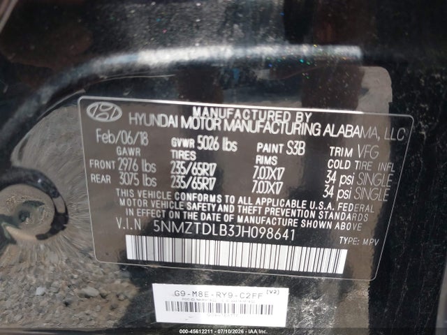 45612211 :رقم المزاد ، 5NMZTDLB3JH098641 vin ، 2018 Hyundai Santa Fe Sport 2.4l مزاد بيع