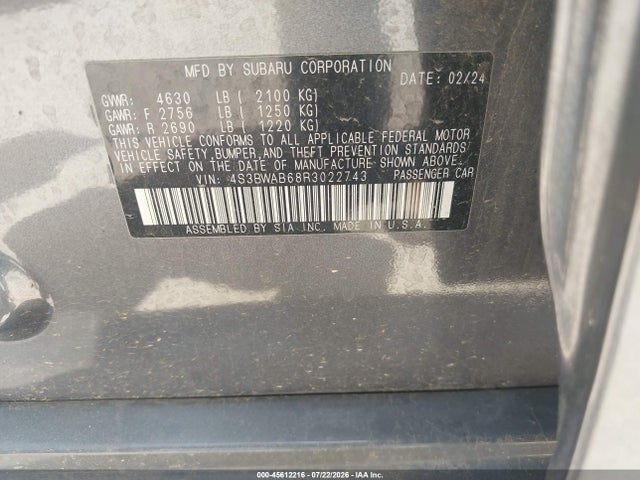 45612216 :رقم المزاد ، 4S3BWAB68R3022743 vin ، 2024 Subaru Legacy مزاد بيع