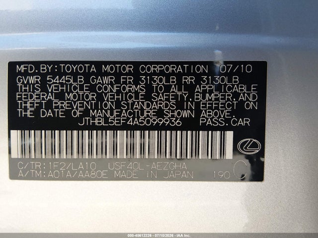 2010 Lexus Ls 460 მანქანა იყიდება აუქციონზე, vin: JTHBL5EF4A5099936, აუქციონის ნომერი: 45612226