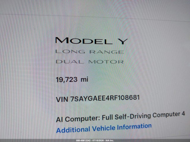 Aukcja sprzedaży 2024 Tesla Model Y Long Range Dual Motor All-wheel Drive, vin: 7SAYGAEE4RF108681, numer aukcji: 45612242