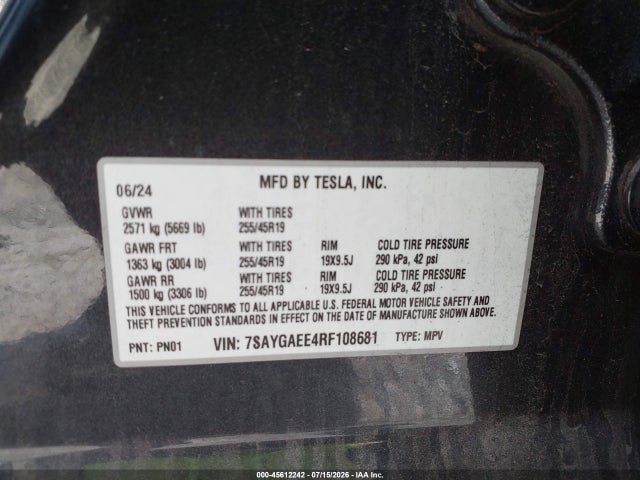 Aukcja sprzedaży 2024 Tesla Model Y Long Range Dual Motor All-wheel Drive, vin: 7SAYGAEE4RF108681, numer aukcji: 45612242