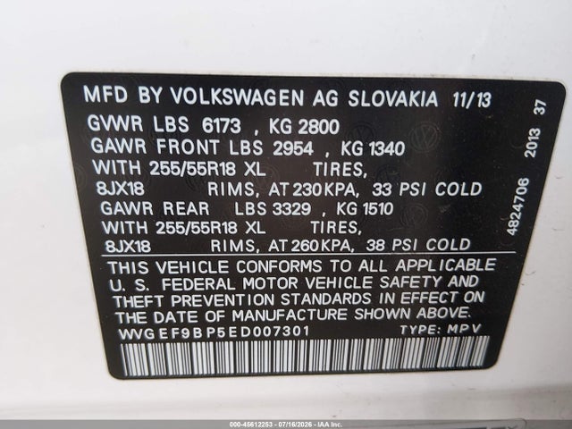 2014 Volkswagen Touareg 3.6l Sport მანქანა იყიდება აუქციონზე, vin: WVGEF9BP5ED007301, აუქციონის ნომერი: 45612253