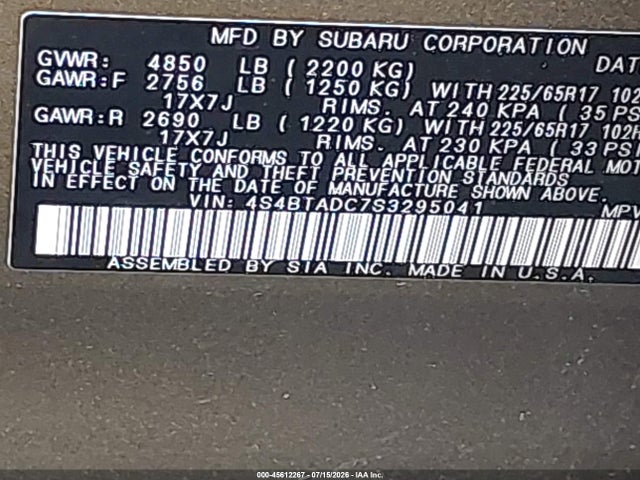 2025 Subaru Outback Premium მანქანა იყიდება აუქციონზე, vin: 4S4BTADC7S3295041, აუქციონის ნომერი: 45612267