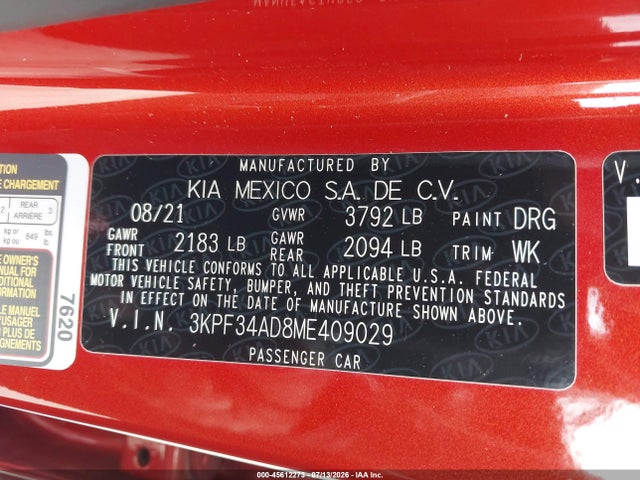 45612273 :رقم المزاد ، 3KPF34AD8ME409029 vin ، 2021 Kia Forte Gt-line مزاد بيع