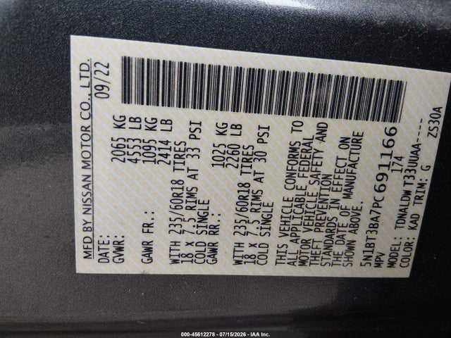 45612278 :رقم المزاد ، 5N1BT3BA7PC691166 vin ، 2023 Nissan Rogue Sv Fwd مزاد بيع