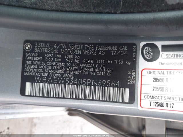 Aukcja sprzedaży 2005 Bmw 330xi, vin: WBAEW53405PN39584, numer aukcji: 45612286