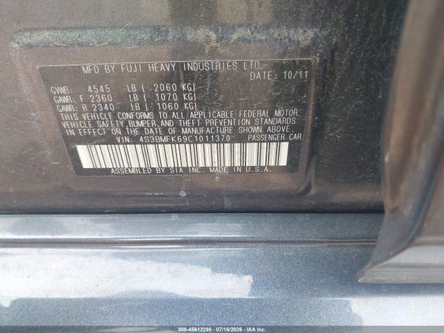 45612298 :رقم المزاد ، 4S3BMFK69C1011370 vin ، 2012 Subaru Legacy 2.5gt Limited مزاد بيع