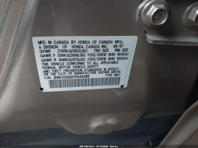 2007 Acura Mdx მანქანა იყიდება აუქციონზე, vin: 2HNYD28287H544268, აუქციონის ნომერი: 45612311