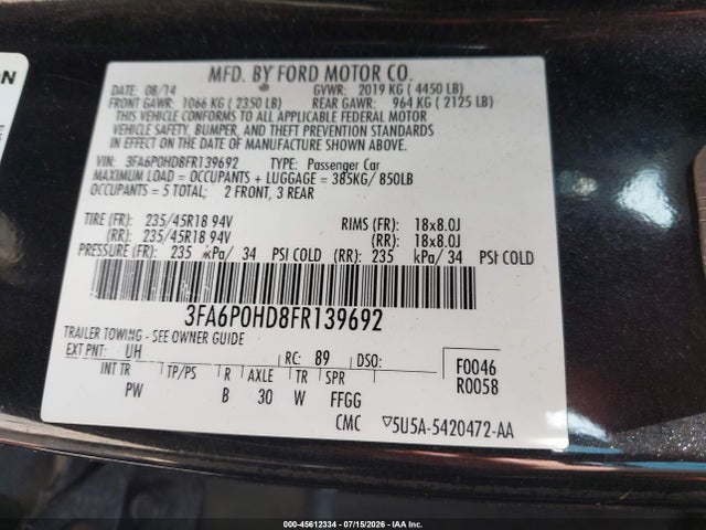 Продажа на аукционе авто 2015 Ford Fusion Se, vin: 3FA6P0HD8FR139692, номер лота: 45612334