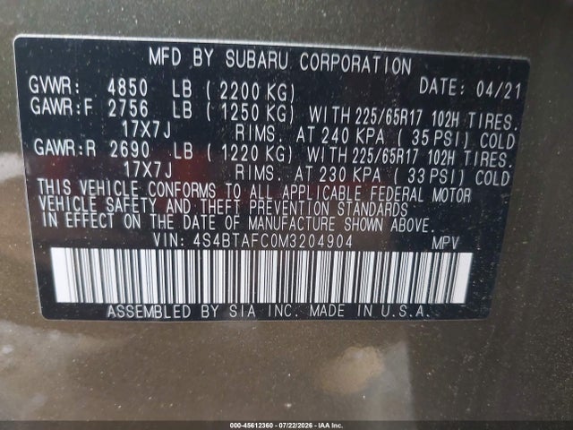Aukcja sprzedaży 2021 Subaru Outback Premium, vin: 4S4BTAFC0M3204904, numer aukcji: 45612360