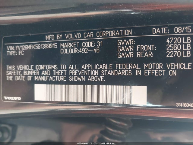 Продаж на аукціоні авто 2016 Volvo S60 T5 Drive-e Premier, vin: YV126MFK5G1399915, номер лоту: 45612370