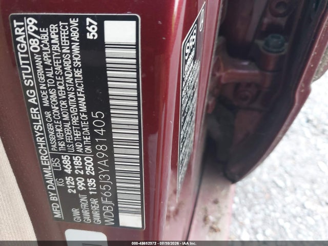 Aukcja sprzedaży 2000 Mercedes-benz E 320, vin: WDBJF65J3YA981405, numer aukcji: 45612372