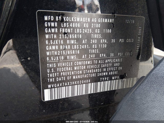 Продажа на аукционе авто 2017 Volkswagen Tiguan 2.0t/2.0t S, vin: WVGAV7AX3HK020488, номер лота: 45612383