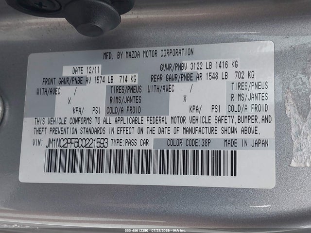 45612390 :رقم المزاد ، JM1NC2PF6C0221593 vin ، 2012 Mazda Mx-5 Miata Grand Touring مزاد بيع