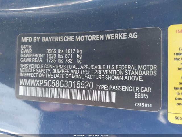 45612411 :رقم المزاد ، WMWXP5C58G3B15520 vin ، 2016 Mini Hardtop Cooper مزاد بيع