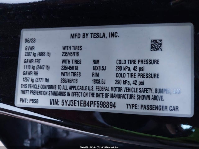 Tesla Model 3 Long Range Dual Motor All-wheel Drive 2023 5YJ3E1EB4PF598894 Image 9