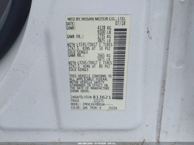 Aukcja sprzedaży 2018 Nissan Nv Cargo Nv2500 Hd Sv V8, vin: 1N6AF0LY0JN813621, numer aukcji: 45612446