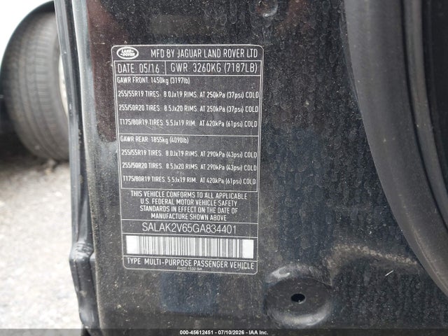 Aukcja sprzedaży 2016 Land Rover Lr4, vin: SALAK2V65GA834401, numer aukcji: 45612451