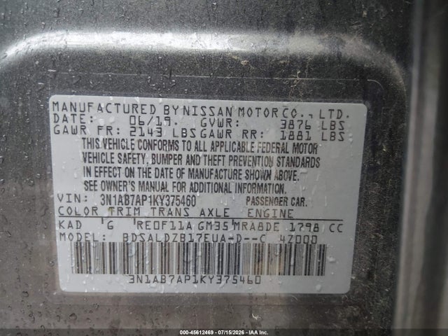Продаж на аукціоні авто 2019 Nissan Sentra Sv, vin: 3N1AB7AP1KY375460, номер лоту: 45612469