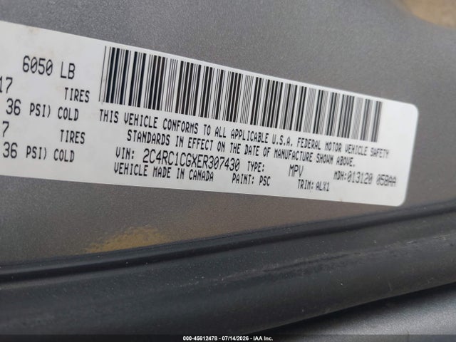 Aukcja sprzedaży 2014 Chrysler Town & Country Touring-l, vin: 2C4RC1CGXER307430, numer aukcji: 45612478
