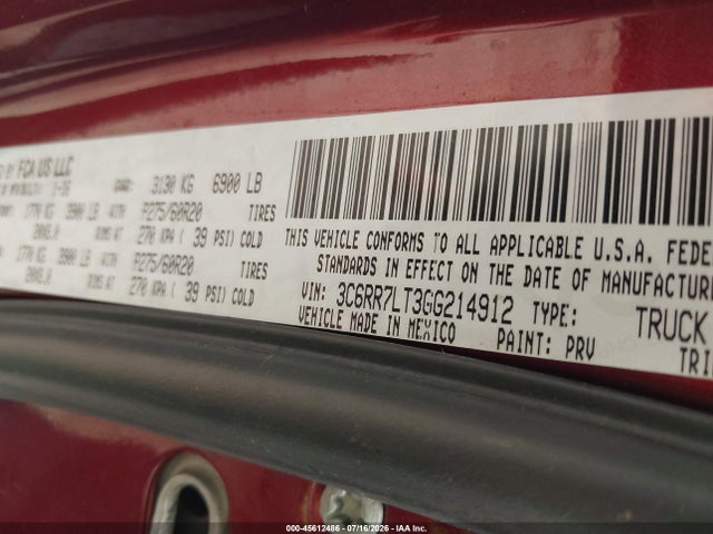 2016 Ram 1500 Big Horn მანქანა იყიდება აუქციონზე, vin: 3C6RR7LT3GG214912, აუქციონის ნომერი: 45612486