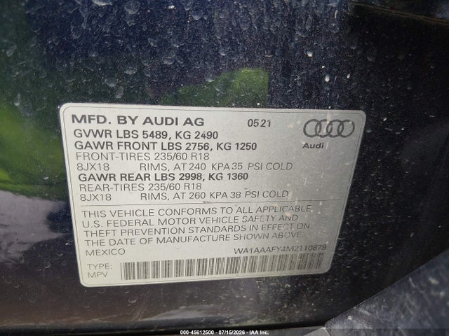 Продажа на аукционе авто 2021 Audi Q5 Premium 45 Tfsi Quattro S Tronic, vin: WA1AAAFY4M2110879, номер лота: 45612500