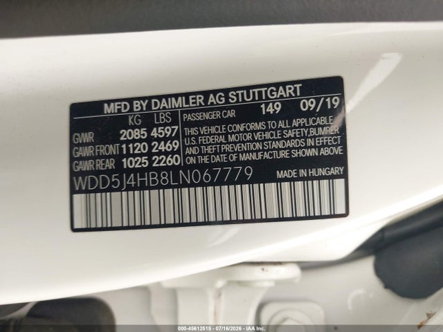 45612515 :رقم المزاد ، WDD5J4HB8LN067779 vin ، 2020 Mercedes-benz Cla 250 4matic مزاد بيع