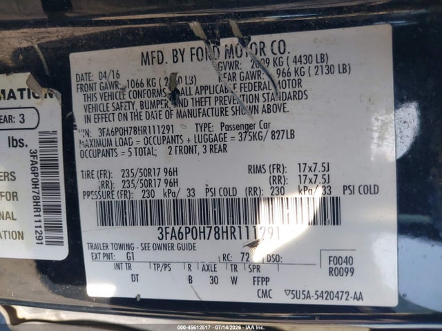 3FA6P0H78HR111291 Ford FUSION SE