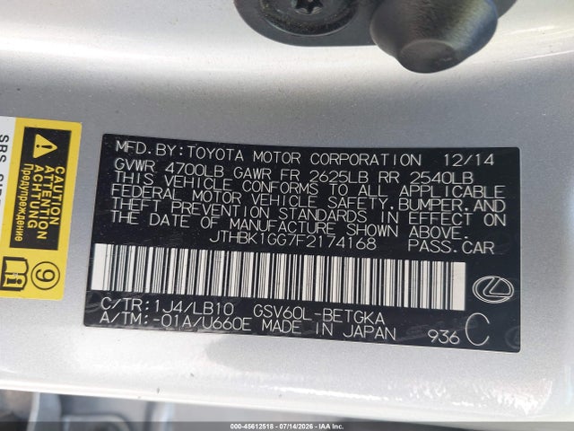 Продаж на аукціоні авто 2015 Lexus Es 350, vin: JTHBK1GG7F2174168, номер лоту: 45612518